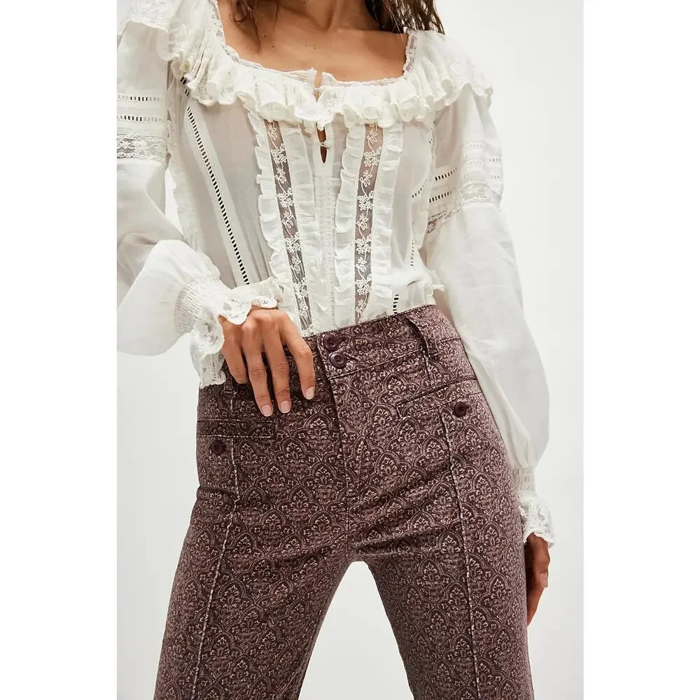 NWT Free People City Line Slim Pants $178 SIZE 10 Chocolate Combo High-Rise